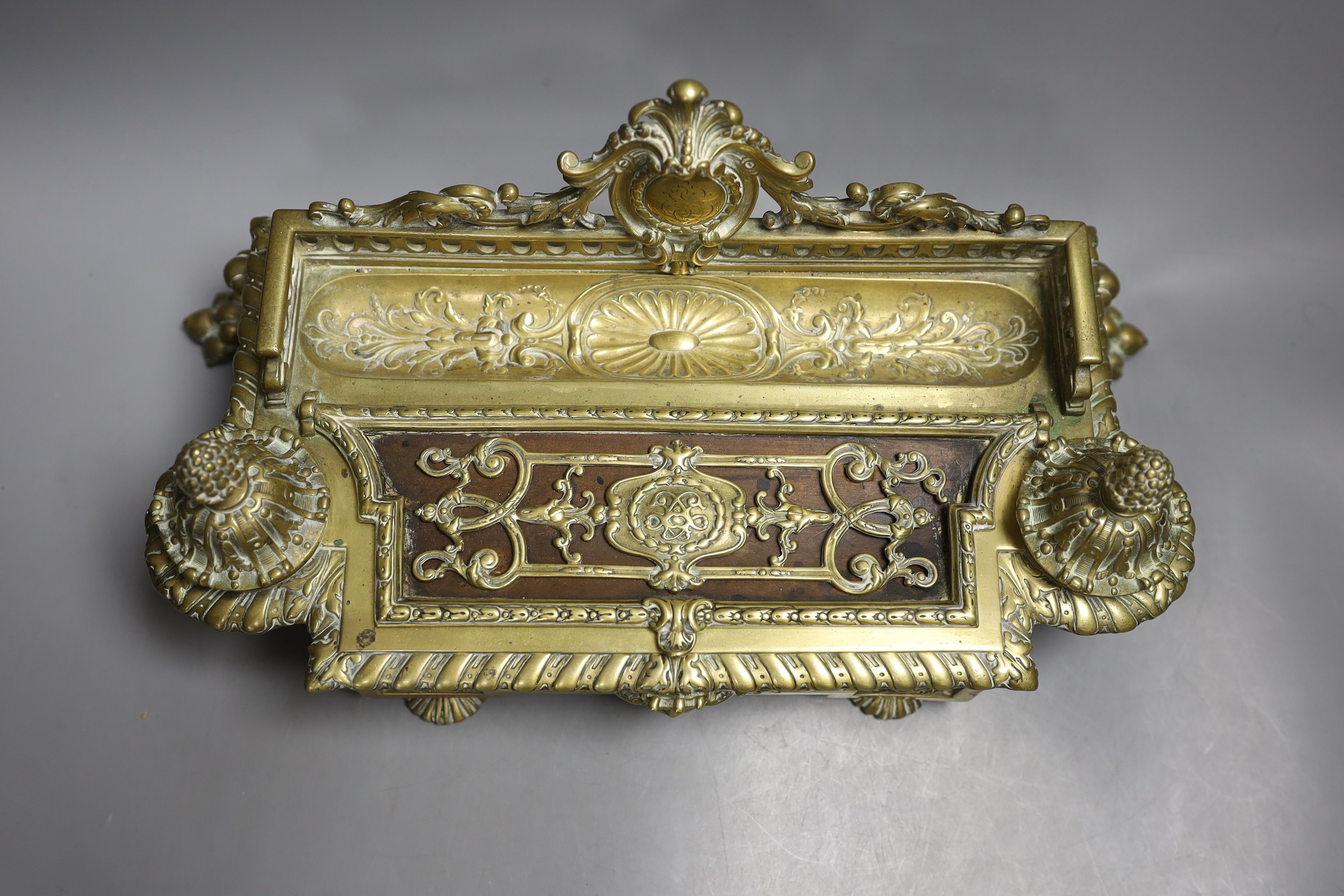 A 19th century French cast brass ink stand, 40cm